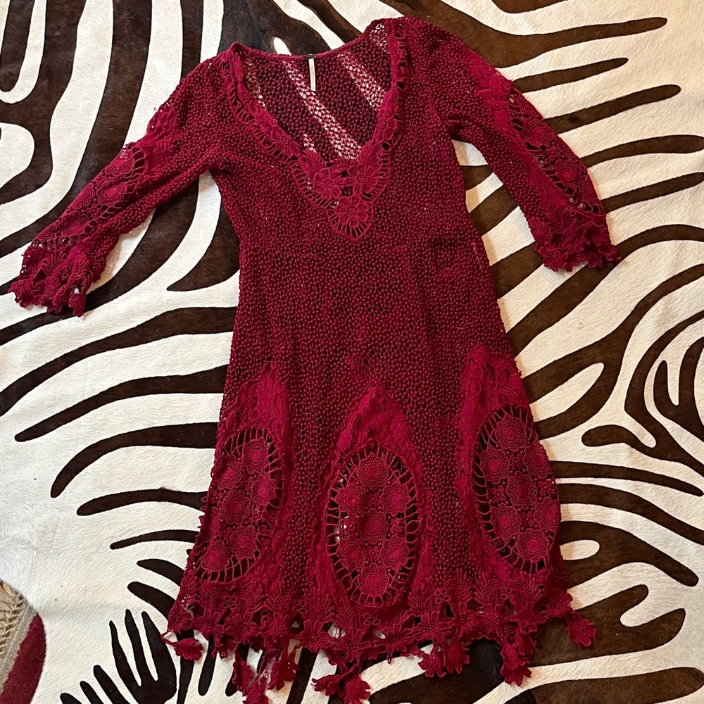Free People Deep Red Lace Long Sleeve Dress